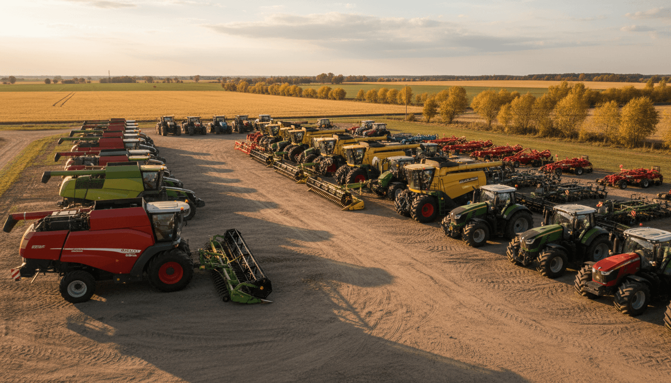 Expansive outdoor farm equipment dealership yard with diverse lineup of modern tractors and machinery under golden sunlight Expansive outdoor farm equipment dealership yard with diverse lineup of modern tractors and machinery under golden sunlight